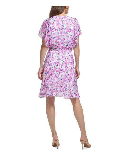 DKNY Women's Floral-Print V-Neck Flutter-Sleeve Dress