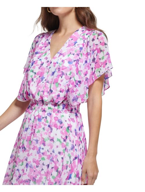 DKNY Women's Floral-Print V-Neck Flutter-Sleeve Dress