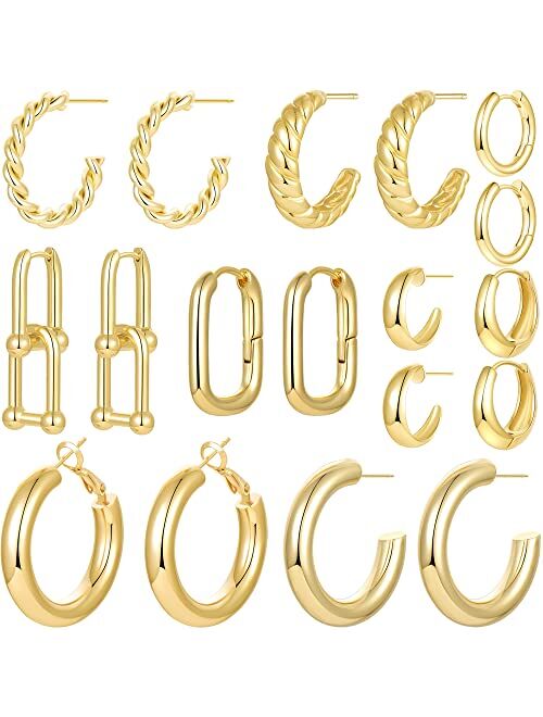 Cuicanstar 9 Pairs Gold Hoop Earrings Set for Women Girls 14K Gold Chunky Open Hoop Earrings Huggie Cuff Earrings Lightweight Twisted Hoop Earrings Hoops Earrings Loop Ea