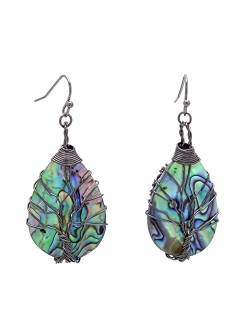 Joseph Brothers Tree of Life Hand Wrapped Sea Abalone Shell Earrings for Women, French Wire Antiqued Copper