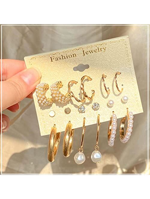 Faxhion 36 Pairs Gold Earrings Set for Women Girls, Fashion Pearl Chain Link Stud Drop Dangle Earrings Multipack Statement Earring Packs, Hypoallergenic Earrings for Birt