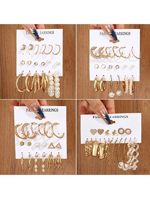 Faxhion 36 Pairs Gold Earrings Set for Women Girls, Fashion Pearl Chain Link Stud Drop Dangle Earrings Multipack Statement Earring Packs, Hypoallergenic Earrings for Birt