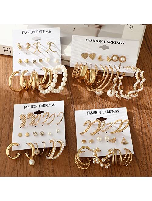 Faxhion 36 Pairs Gold Earrings Set for Women Girls, Fashion Pearl Chain Link Stud Drop Dangle Earrings Multipack Statement Earring Packs, Hypoallergenic Earrings for Birt