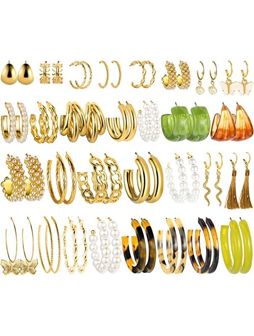 Faxhion 36 Pairs Gold Earrings Set for Women Girls, Fashion Pearl Chain Link Stud Drop Dangle Earrings Multipack Statement Earring Packs, Hypoallergenic Earrings for Birt