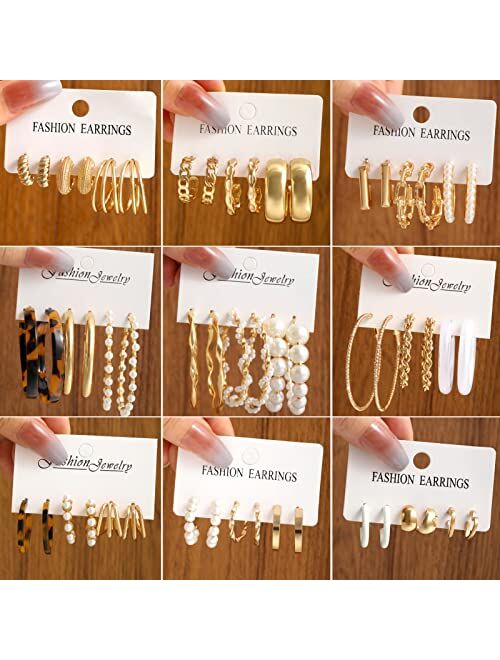 Faxhion 30 Pairs Gold Hoop Earrings Set for Women Girls, Fashion Pearl Chain Link Acrylic Earrings for Women Multipack,Hypoallergenic Trendy Hoop Earrings Pack for Birthd