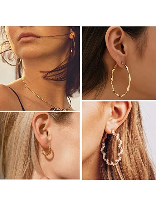 Faxhion 30 Pairs Gold Hoop Earrings Set for Women Girls, Fashion Pearl Chain Link Acrylic Earrings for Women Multipack,Hypoallergenic Trendy Hoop Earrings Pack for Birthd