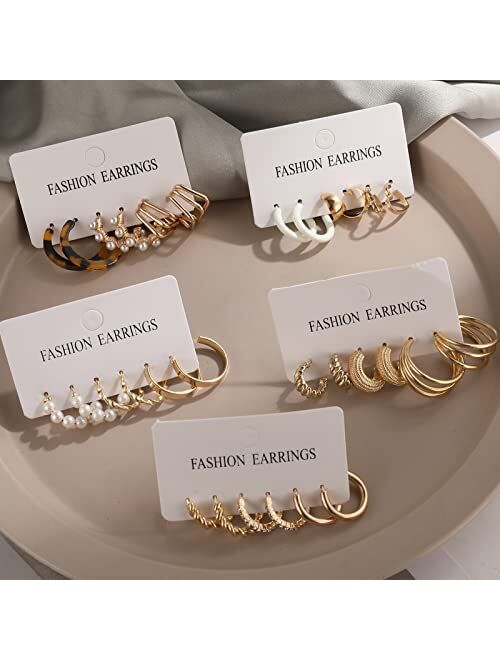 Faxhion 30 Pairs Gold Hoop Earrings Set for Women Girls, Fashion Pearl Chain Link Acrylic Earrings for Women Multipack,Hypoallergenic Trendy Hoop Earrings Pack for Birthd