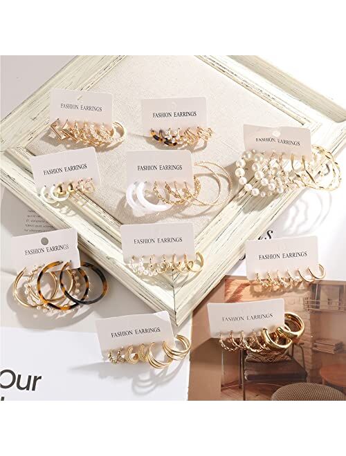 Faxhion 30 Pairs Gold Hoop Earrings Set for Women Girls, Fashion Pearl Chain Link Acrylic Earrings for Women Multipack,Hypoallergenic Trendy Hoop Earrings Pack for Birthd