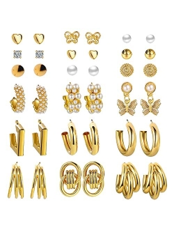 17km 54 Pairs Gold Hoop Earrings Set for Women Multipack, Boho Fashion Statement Stud Hoop Earrings Pack with Pearl Butterfly Shaped Assorted Small Big Hoop Earrings Jewe