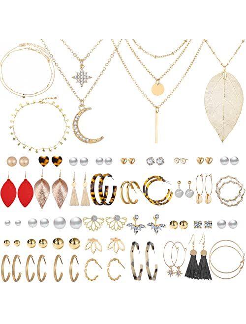 17km 54 Pairs Gold Hoop Earrings Set for Women Multipack, Boho Fashion Statement Stud Hoop Earrings Pack with Pearl Butterfly Shaped Assorted Small Big Hoop Earrings Jewe