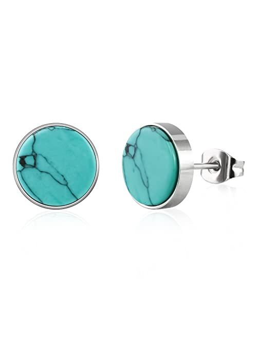 Desnuage Tibetan Turquoise Earrings 10mm Circular 925 Sterling Silver Post Sutd Earrings Gemstone Earring Hypoallergenic Handmade Earrings for Women Trendy Fashion