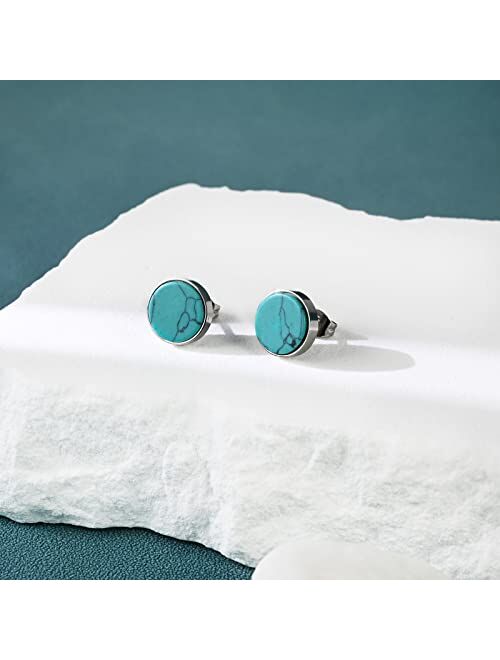 Desnuage Tibetan Turquoise Earrings 10mm Circular 925 Sterling Silver Post Sutd Earrings Gemstone Earring Hypoallergenic Handmade Earrings for Women Trendy Fashion