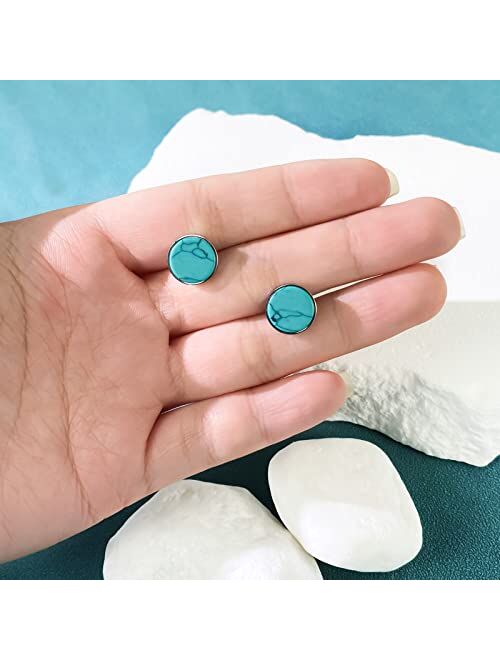 Desnuage Tibetan Turquoise Earrings 10mm Circular 925 Sterling Silver Post Sutd Earrings Gemstone Earring Hypoallergenic Handmade Earrings for Women Trendy Fashion