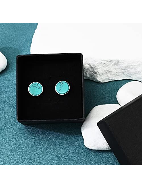 Desnuage Tibetan Turquoise Earrings 10mm Circular 925 Sterling Silver Post Sutd Earrings Gemstone Earring Hypoallergenic Handmade Earrings for Women Trendy Fashion