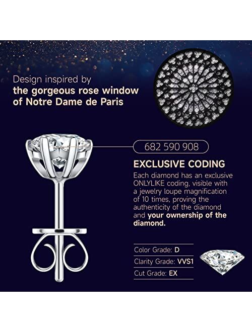 Onlylike Diamond Earrings for Women Men, Gifts for Wife Mom Girlfriend, 0.6ct-3ct D Color (VVS1) Moissanite Diamond Stud Earrings, Anniversary Jewelry Present for Wife, B