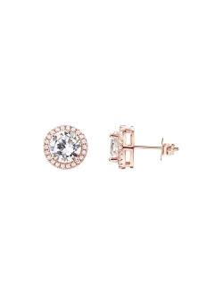 14K Gold Plated Sterling Silver Post Brilliant Round Faux Diamond Halo Earrings - Premium Cubic Zirconia in Rose Gold, White Gold and Yellow Gold