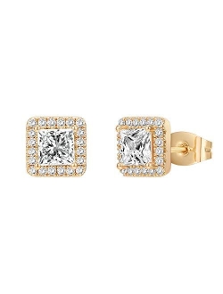 14K Gold Plated Sterling Silver Post Brilliant Round Faux Diamond Halo Earrings - Premium Cubic Zirconia in Rose Gold, White Gold and Yellow Gold