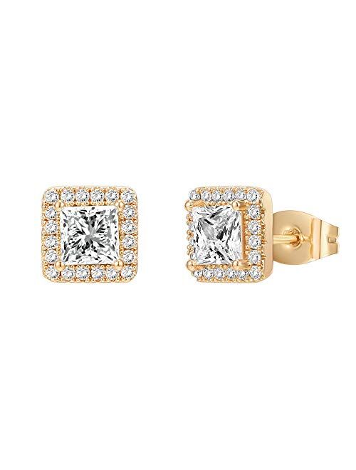 PAVOI 14K Gold Plated Sterling Silver Post Brilliant Round Faux Diamond Halo Earrings - Premium Cubic Zirconia in Rose Gold, White Gold and Yellow Gold