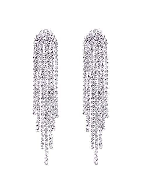 SELOVO Clear Rhinestone Crystal Boho Tassel Long Sparkle Dangle Earrings 2.8"/3.3"