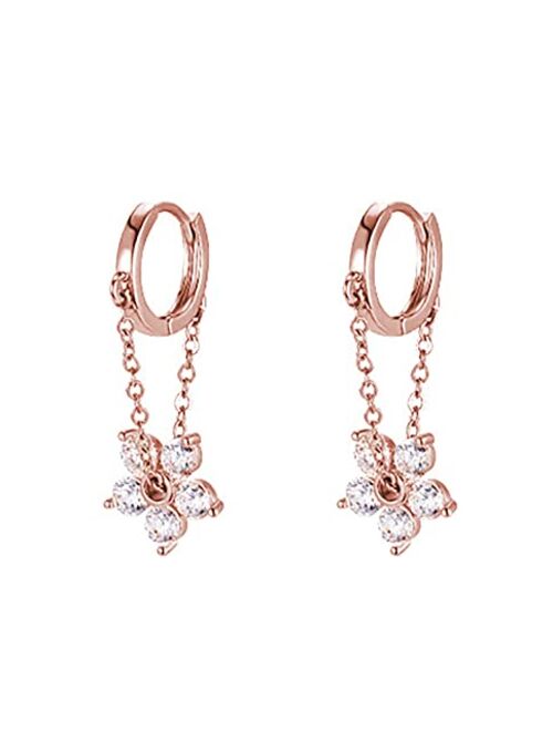 Reffeer 925 Sterling Silver Flower Chain Drop Earrings Hoop for Women Teen Girls Huggie Hoop Dangle Earrings Chain