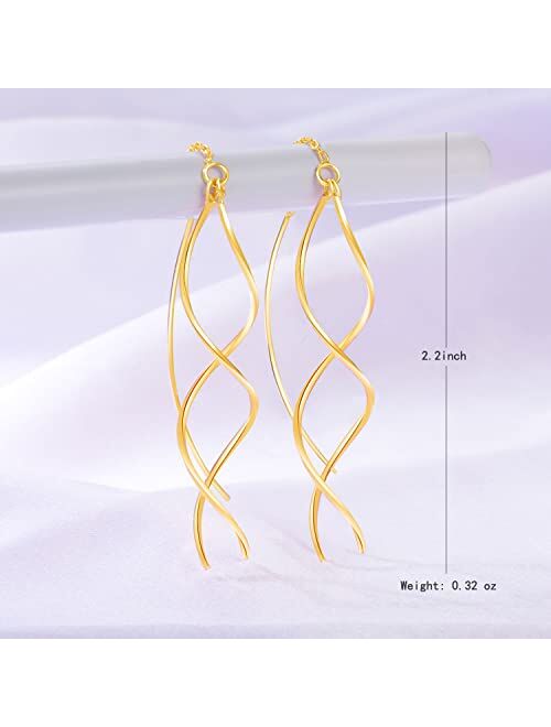 Andtry Threader Gold Earrings For Women Trendy, Handmade Earrings Jewelry, Twisted Linear Curved Drop Dangle Earrings, Hypoallergenic Earrings For Teens Girls Gift (Gold)