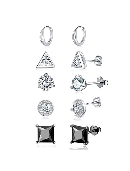 Ankbrats 925 Sterling Silver Stud Earrings Set |Hypoallergenic Sterling Silver Earrings For Women | Round Clear Cubic Zirconia Stud Earrings| 5 Pairs Different Sizes Ster