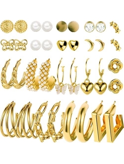 Faxhion 45 Pairs Gold Hoop Earrings for Girls Women, Chunky Twisted Small Big Hoops Earring Packs Set, Earrings for women multipack, Fashion Trendy Earrings Jewelry for B