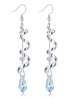 PATISORNA 925 Sterling Silver Austria Crystal Eardrop Dangle Earrings for Women Spiral Ribbon Multi Teardrop Drop Dangly Earrings Sparkly Long Dangle Earrings Jewelry Gif