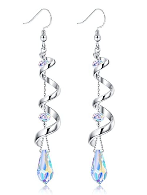 PATISORNA 925 Sterling Silver Austria Crystal Eardrop Dangle Earrings for Women Spiral Ribbon Multi Teardrop Drop Dangly Earrings Sparkly Long Dangle Earrings Jewelry Gif