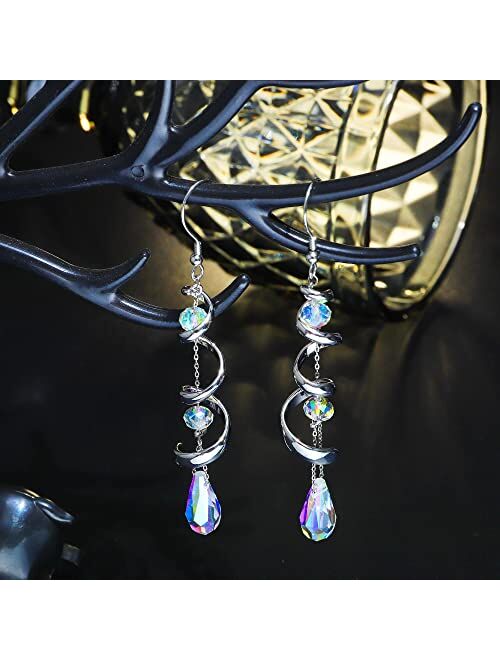 PATISORNA 925 Sterling Silver Austria Crystal Eardrop Dangle Earrings for Women Spiral Ribbon Multi Teardrop Drop Dangly Earrings Sparkly Long Dangle Earrings Jewelry Gif