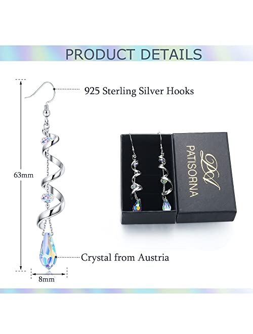 PATISORNA 925 Sterling Silver Austria Crystal Eardrop Dangle Earrings for Women Spiral Ribbon Multi Teardrop Drop Dangly Earrings Sparkly Long Dangle Earrings Jewelry Gif