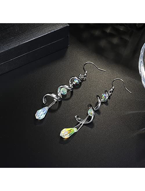 PATISORNA 925 Sterling Silver Austria Crystal Eardrop Dangle Earrings for Women Spiral Ribbon Multi Teardrop Drop Dangly Earrings Sparkly Long Dangle Earrings Jewelry Gif