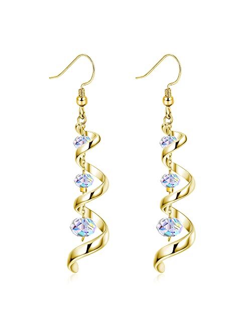 PATISORNA 925 Sterling Silver Austria Crystal Eardrop Dangle Earrings for Women Spiral Ribbon Multi Teardrop Drop Dangly Earrings Sparkly Long Dangle Earrings Jewelry Gif