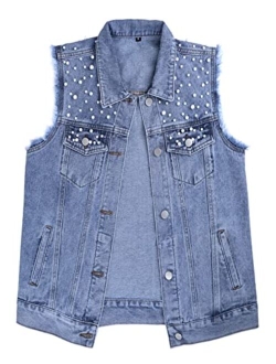 Tanming Women's Sleeveless Button Down Ripped Denim Jean Vest Waistcoat Jacket