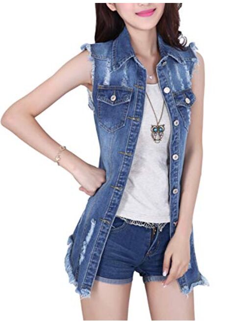 Tanming Women's Sleeveless Button Down Ripped Denim Jean Vest Waistcoat Jacket