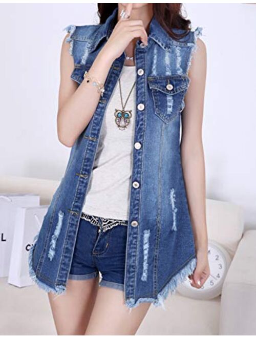 Tanming Women's Sleeveless Button Down Ripped Denim Jean Vest Waistcoat Jacket