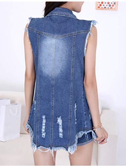 Tanming Women's Sleeveless Button Down Ripped Denim Jean Vest Waistcoat Jacket