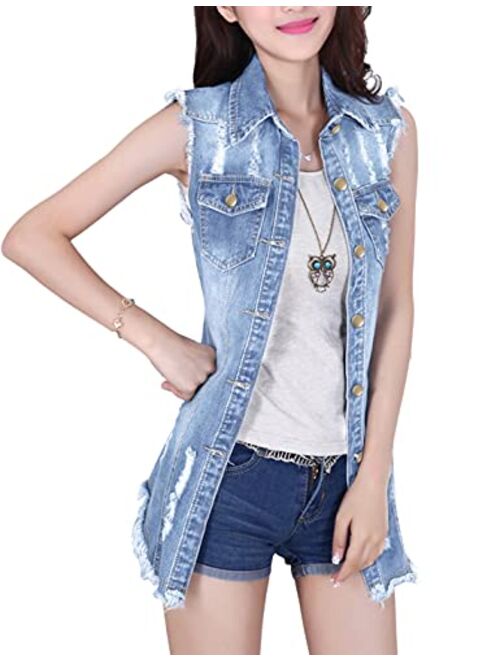 Tanming Women's Sleeveless Button Down Ripped Denim Jean Vest Waistcoat Jacket