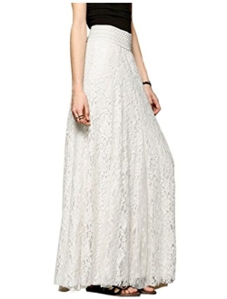 Tanming Women's Fashion High Elastic Waist A-Line Floral Lace Maxi Long Skirts