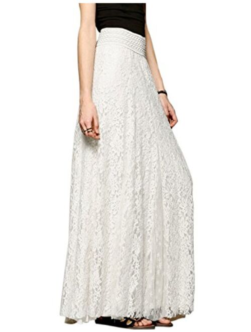 Tanming Women's Fashion High Elastic Waist A-Line Floral Lace Maxi Long Skirts