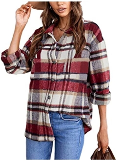 Tanming Womens Flannel Plaid Shacket Wool Blend Button Down Shirt Fall Fashion Jacket