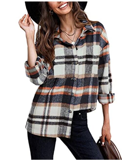 Tanming Womens Flannel Plaid Shacket Wool Blend Button Down Shirt Fall Fashion Jacket