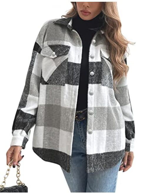 Tanming Womens Flannel Plaid Shacket Wool Blend Button Down Shirt Fall Fashion Jacket