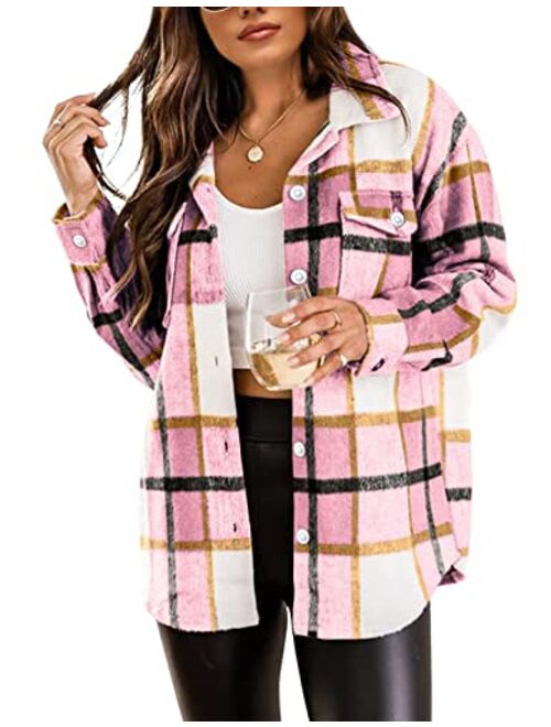 Tanming Womens Flannel Plaid Shacket Wool Blend Button Down Shirt Fall Fashion Jacket