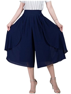 Tanming Women's High Elastic Waist Pleated Chiffon Wide Leg Capri Pants Culottes