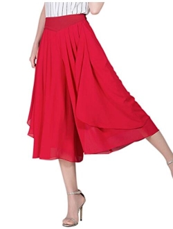 Tanming Women's High Elastic Waist Pleated Chiffon Wide Leg Capri Pants Culottes