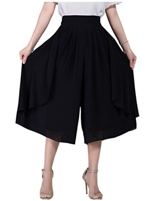 Tanming Women's High Elastic Waist Pleated Chiffon Wide Leg Capri Pants Culottes