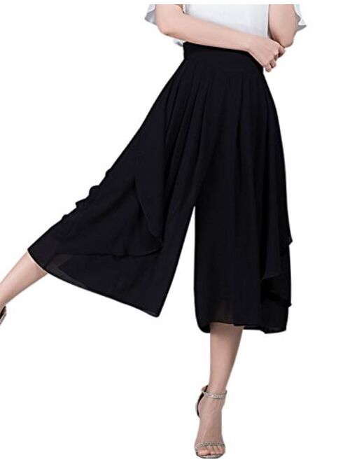 Tanming Women's High Elastic Waist Pleated Chiffon Wide Leg Capri Pants Culottes