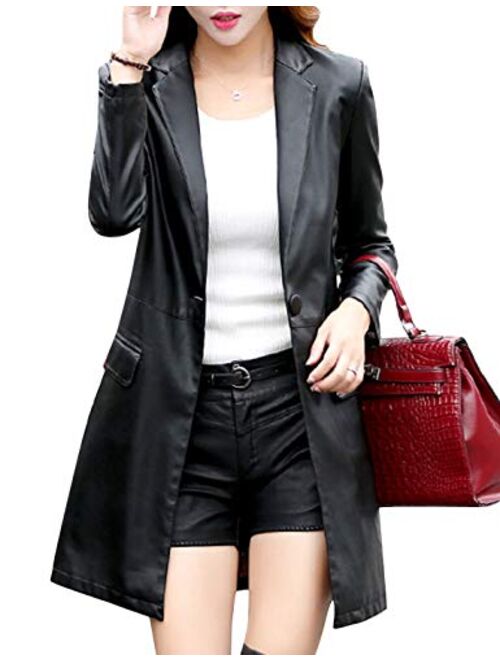 Tanming Womens PU Faux Leather Jacket Casual Lapel Long Suit Trench Coat Outerwear