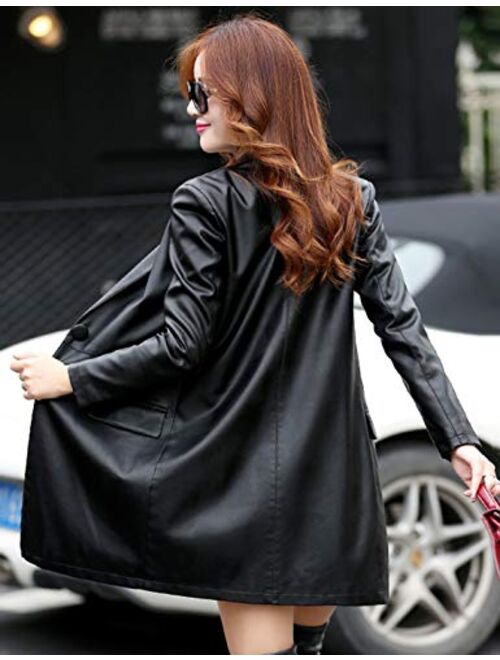 Tanming Womens PU Faux Leather Jacket Casual Lapel Long Suit Trench Coat Outerwear